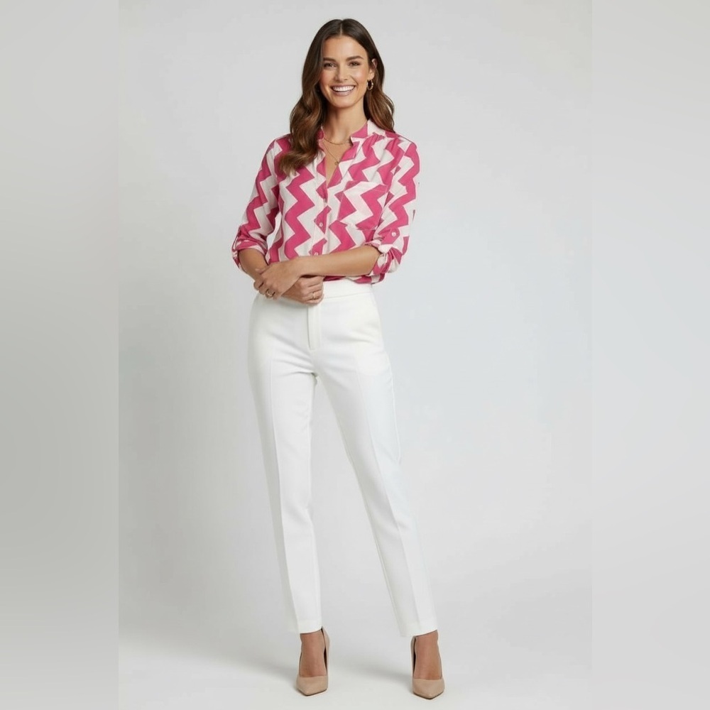 Xtaren Pink Ivory Chevron Print Button Front Long Sleeve Top Medium